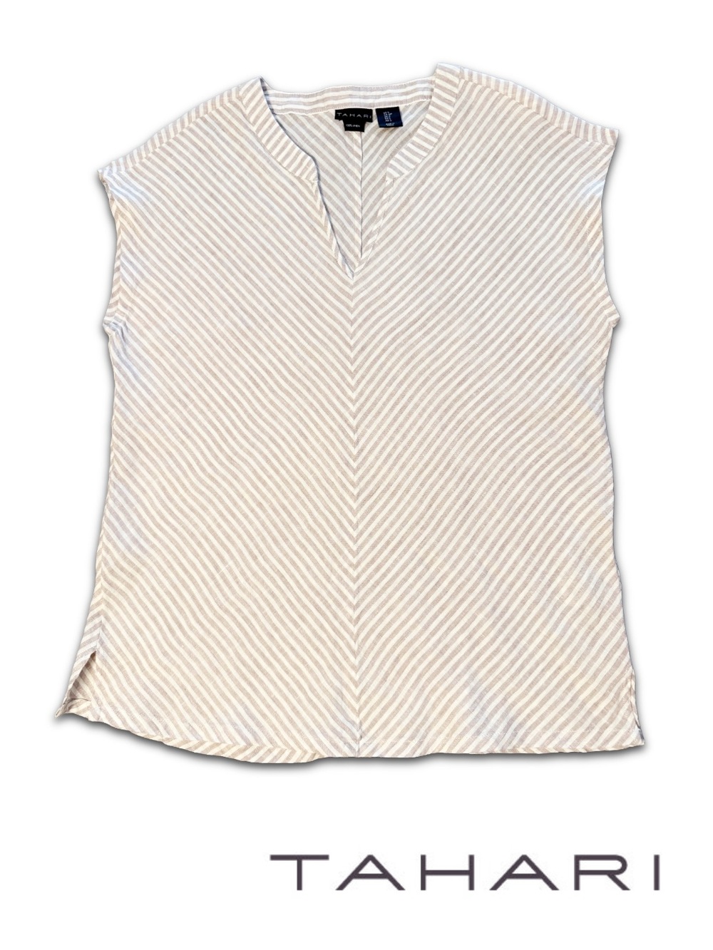 Tahari 100% Linen Striped Blouse | Top M | Neutral, Coastal, Quiet Luxury